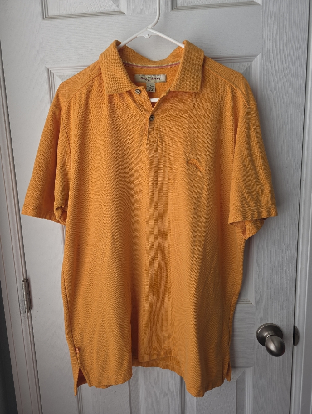 Tommy Bahama Men Polo Shirt SZL Cotton Blend Orange Short Sleeve Side Slits Logo